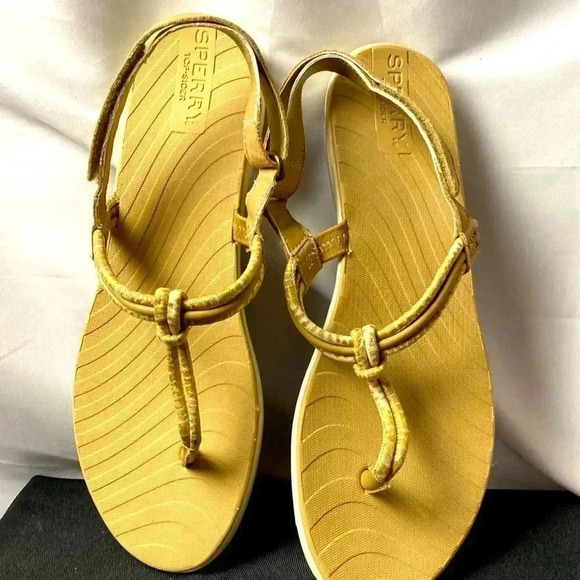 SPERRY TO SIDER WO SIZE 8  GOLD THONG SANDAL ADJ ANKLE STRAP HOOK LOOP CLOSE - Picture 1 of 12